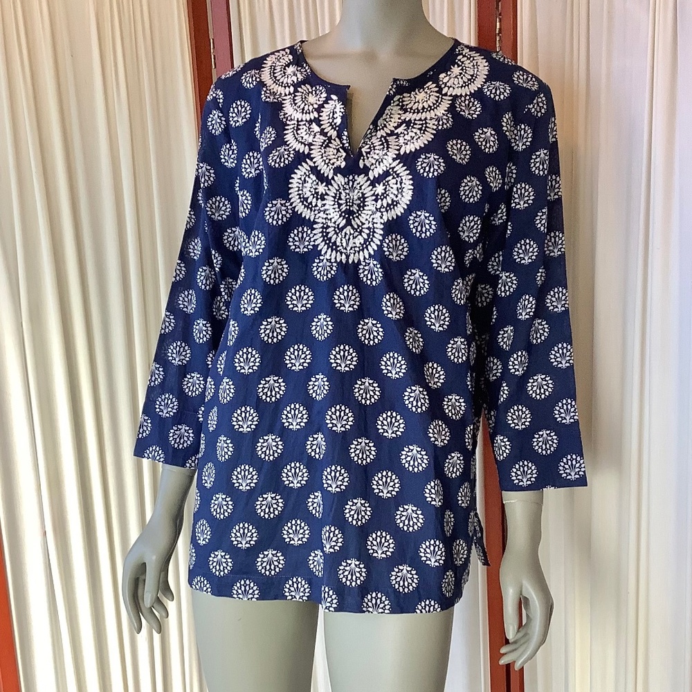 Talbots Womens 100% Cotton Embroidered Beaded Navy Blue Tunic Size XL